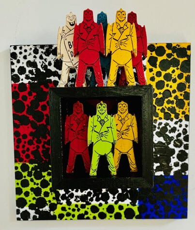 Men at Work - 12: x 12: mixed media on wood - $400