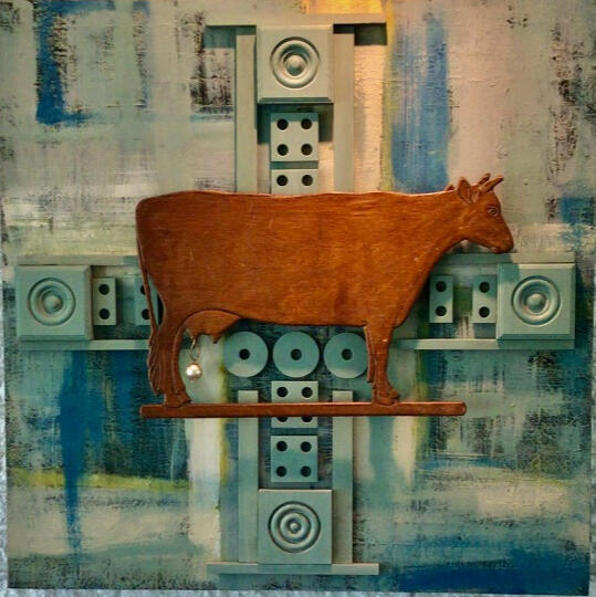 Cow with the Pearl Earring - 30" x 30" Mixed Media on Wood - SOLD