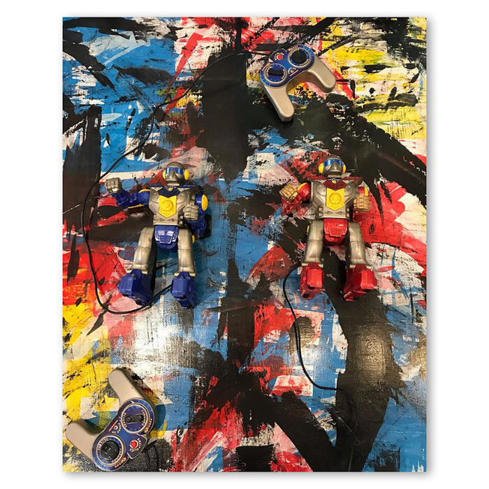 Rockem Sockem – Mixed Media on wood panel – “36x48” $2000