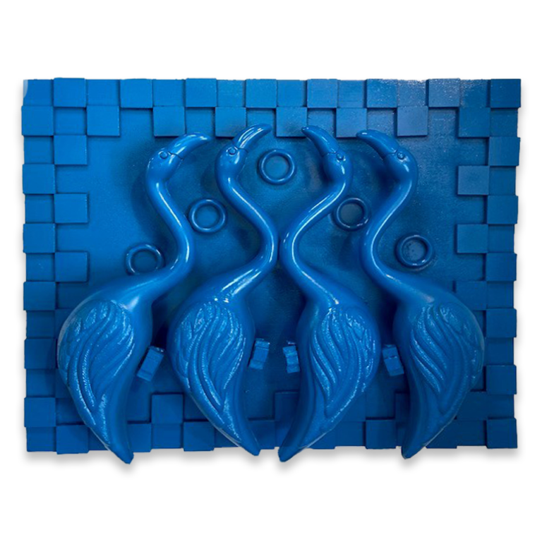 Flamingo Foursome in Bleu – 24”x 24” Mixed Media on Wood $700